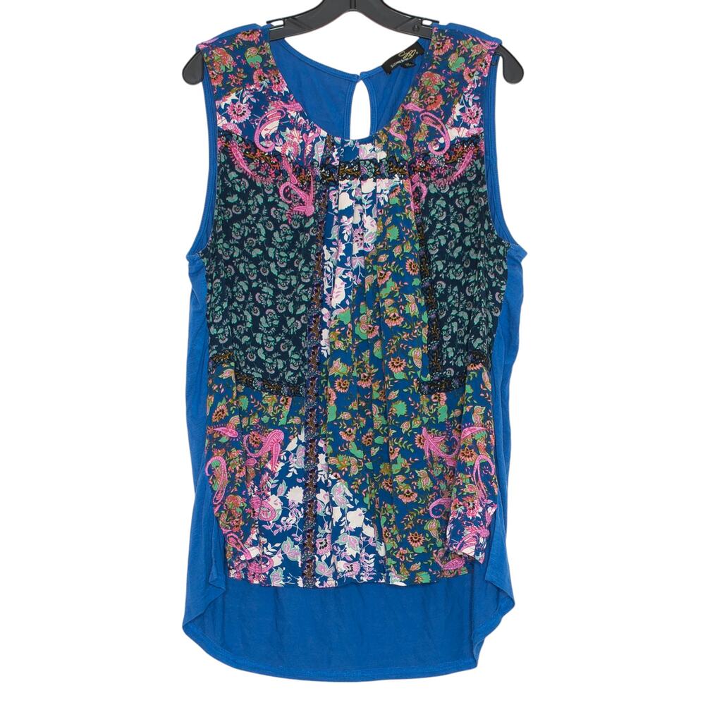 Suzanne Betro Tank Top Floral Boho Patchwork Artsy Statement High Low Blue 3X